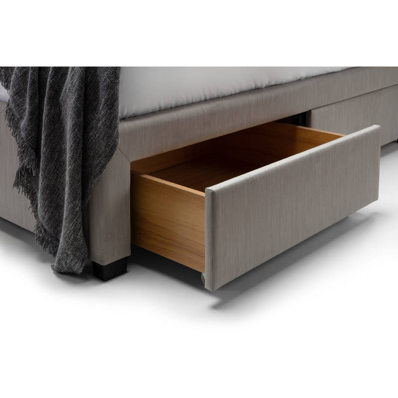Wilton bed: a drawer pulled out, showing the wood effect inside, close up