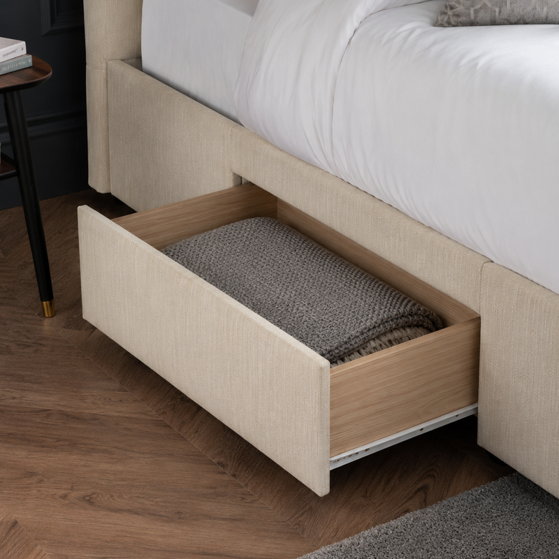 Wilton bed: an oatmeal drawer pulled out with a blanket inside, close up