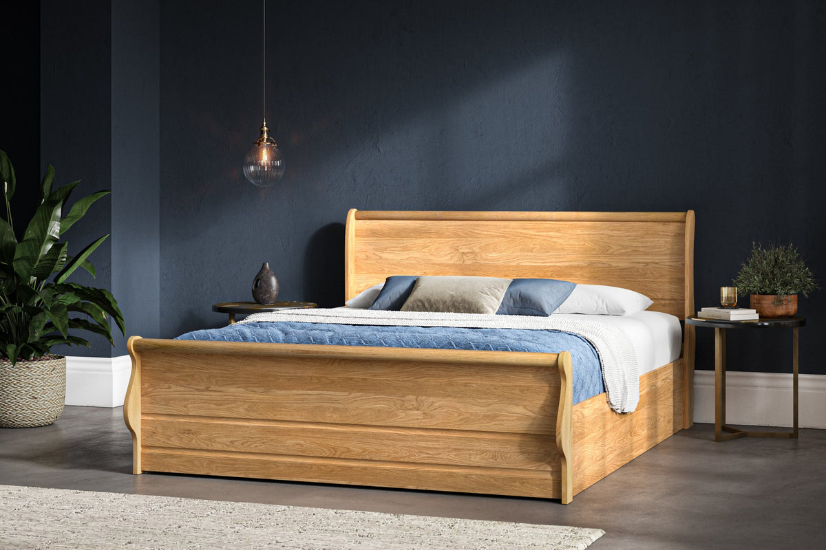 Ealing solid oak ottoman bed, natural finish, with the storage closed