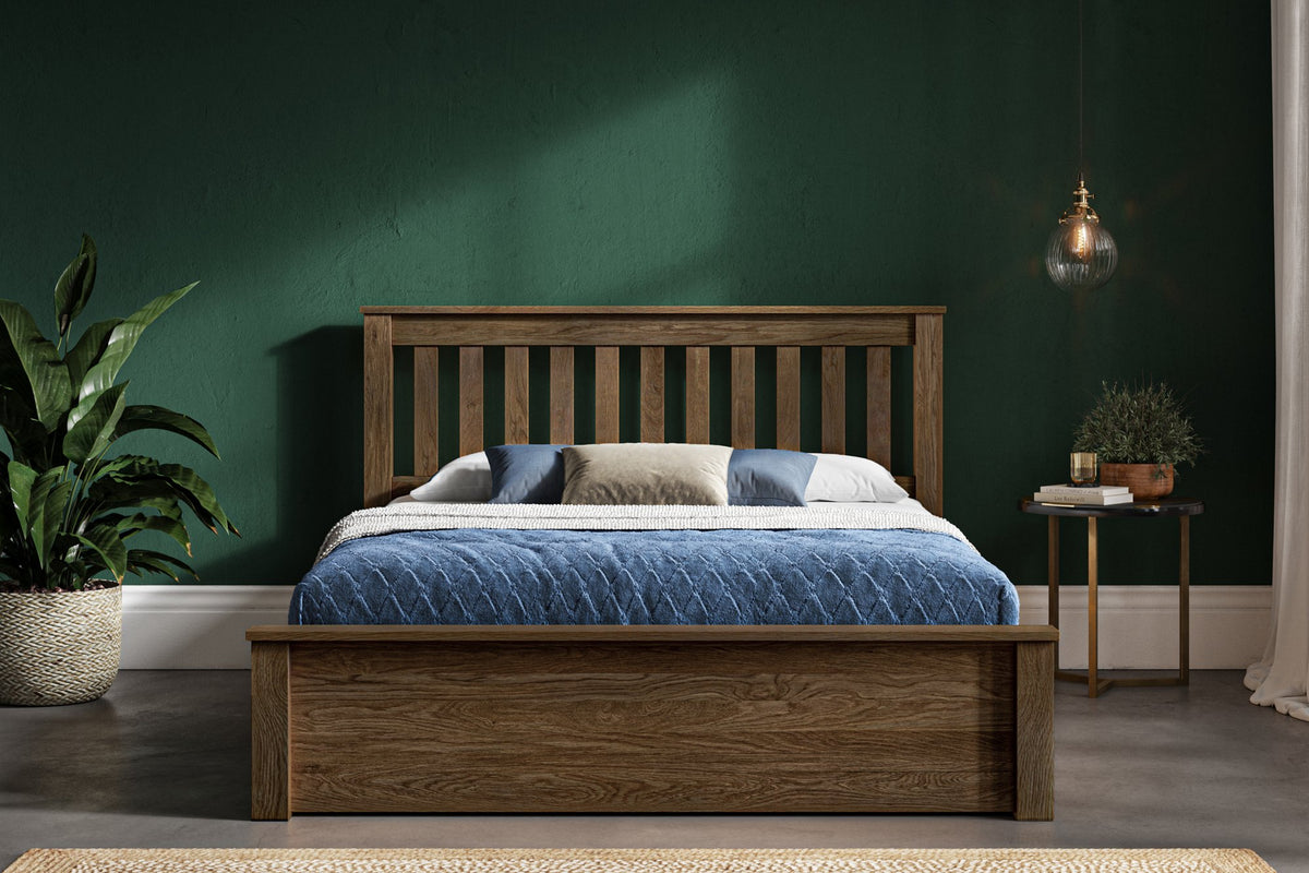 Kingston solid oak ottoman bed, medium oak finish, with the storage closed