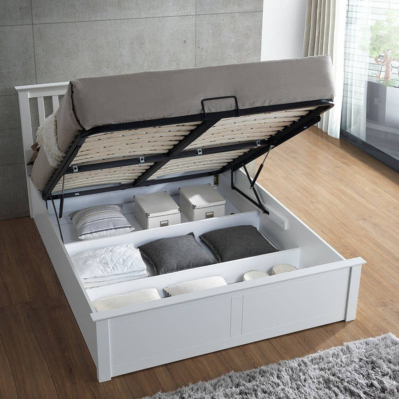 Ruislip wooden ottoman bed in white, storage open, showing the three sections