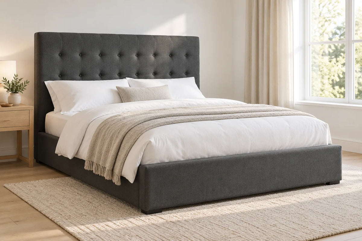 Nevada grey upholstered bed frame, shown in a bright UK bedroom