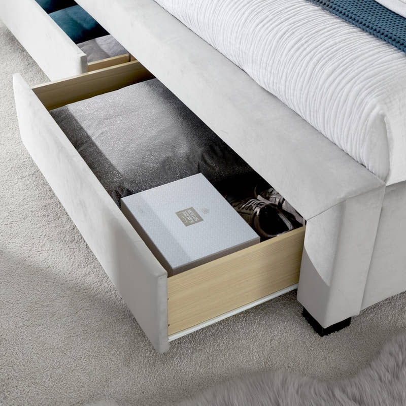 Hendon velvet storage bed in grey velvet, a side drawer open