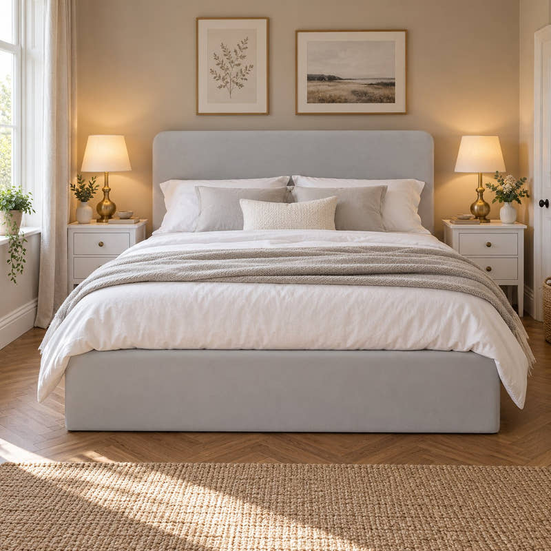 Brompton soft grey ottoman bed seen from the foot end, with its plain 100 cm headboard (AI-generated illustration of this frame; bedding for illustration, mattress not included)