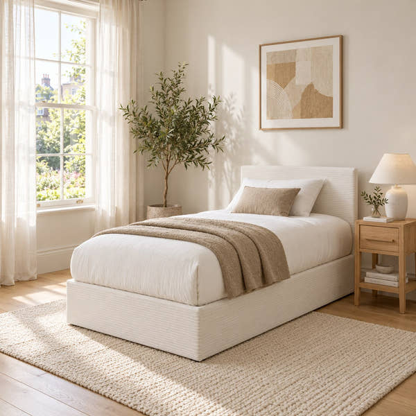 Hackney corduroy ottoman bed in cream, in a bright bedroom (AI-generated illustration of this frame; bedding for illustration, mattress not included)