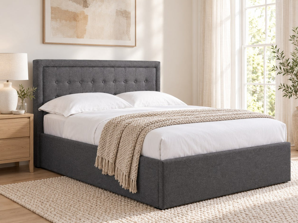 Hammersmith grey fabric ottoman bed with a buttoned headboard, in a bright bedroom, view 1