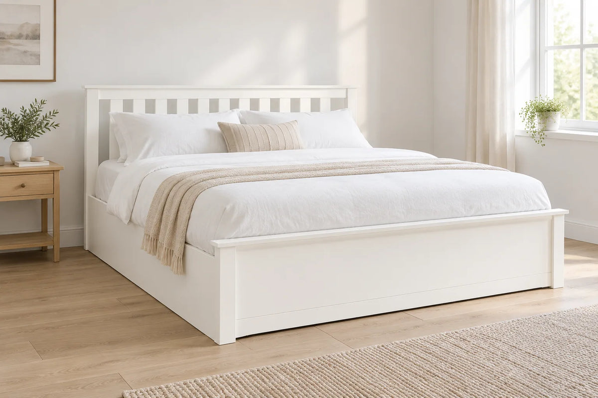 Pembroke white wooden super king ottoman bed, shown in a bright UK bedroom