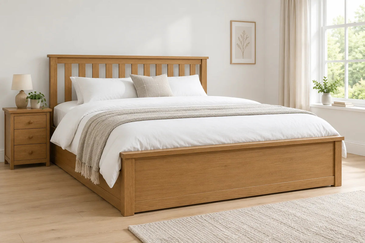 Putney medium oak super king ottoman bed, shown in a bright UK bedroom