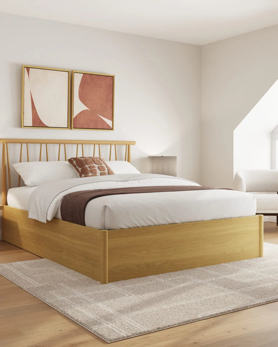 Richmond wooden ottoman bed frame with a spindle headboard in oak