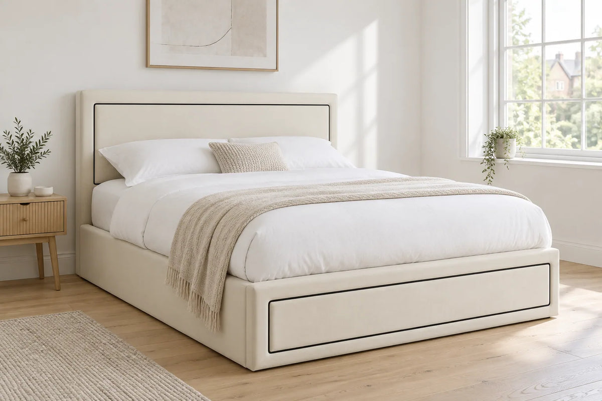 Savoy natural velvet ottoman bed with a deep padded headboard, shown in a bright UK bedroom