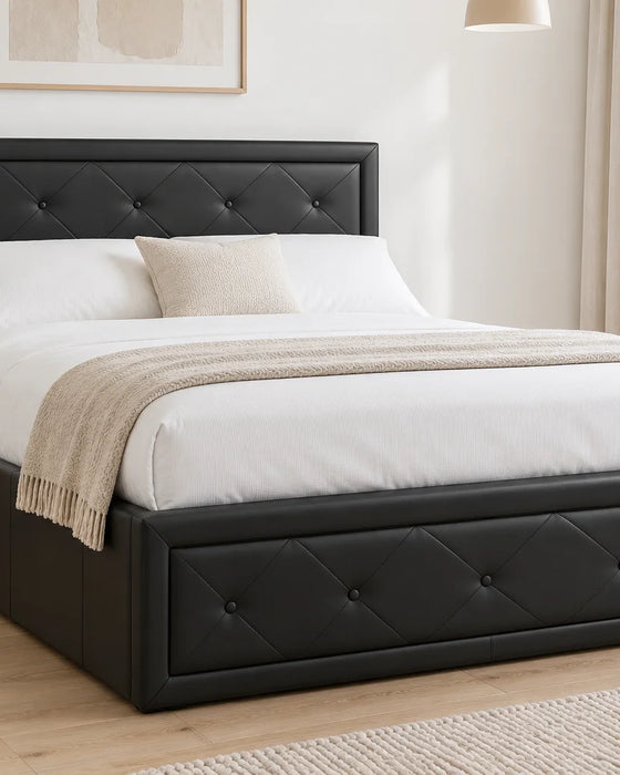 Shoreditch black faux leather ottoman bed, shown in a bright UK bedroom