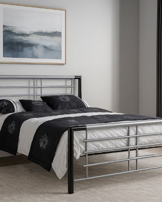 Southwark black and silver metal bed frame, in a bedroom