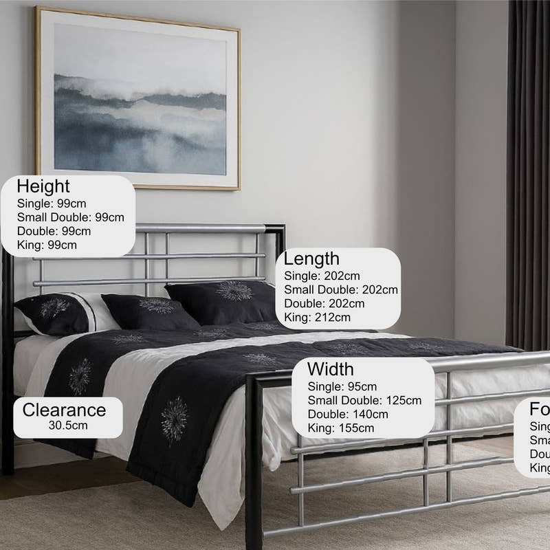 Southwark black and silver metal bed frame, in a bedroom with its height, width and clearance marked
