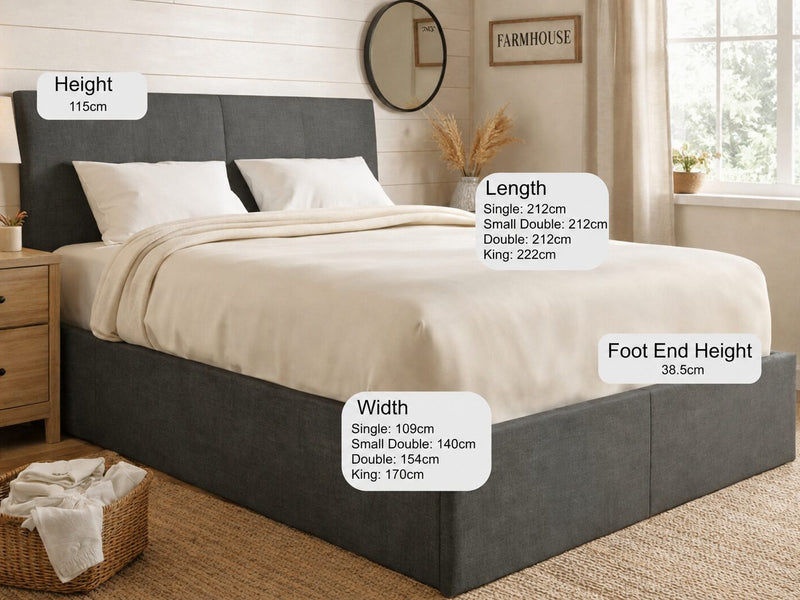Sydenham ottoman bed with its height, length, width and foot end height marked