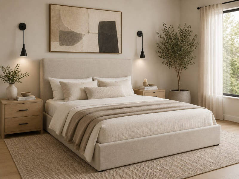 Twickenham ottoman bed in oatmeal linen-look fabric in a bedroom