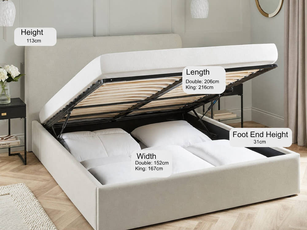 Twickenham oatmeal fabric ottoman bed, in a bedroom with its height, width and length marked