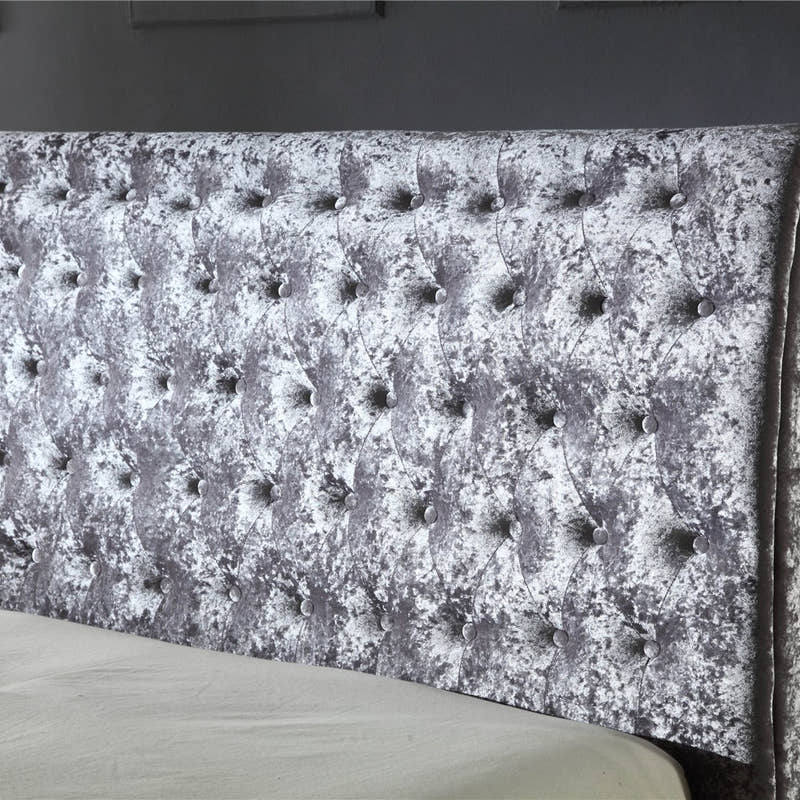 Kensington sleigh bed: buttoned crushed velvet headboard, close up
