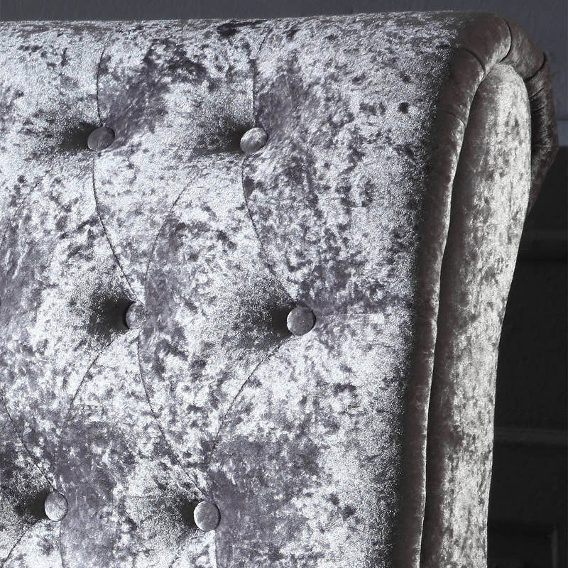 Kensington sleigh bed: crushed velvet and buttons, close up