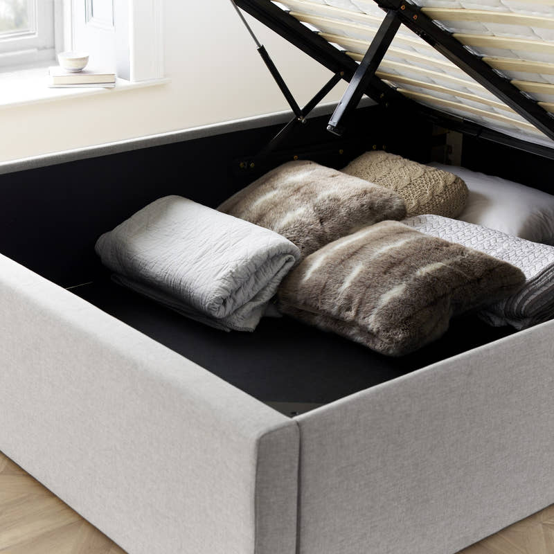 Wembley fabric ottoman bed in grey, inside the fully boarded storage