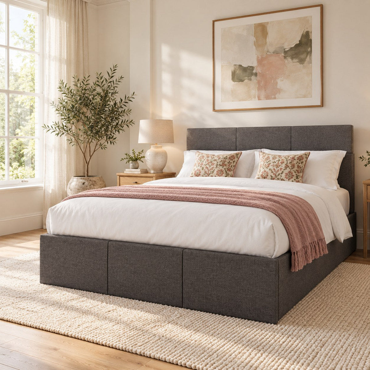 Pimlico side lift ottoman bed in grey hopsack in a bright bedroom, the long side of the bed clear to open it (AI-generated scene of the real frame)