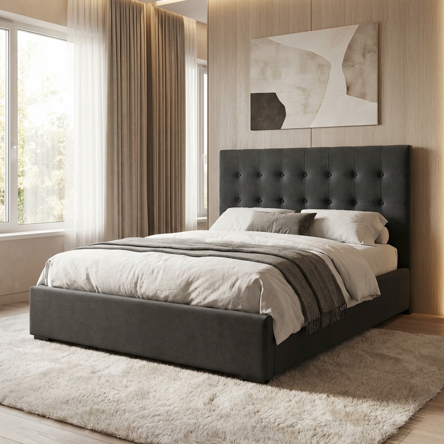 Nevada king size upholstered bed in grey fabric with a tall buttoned headboard, in a bedroom