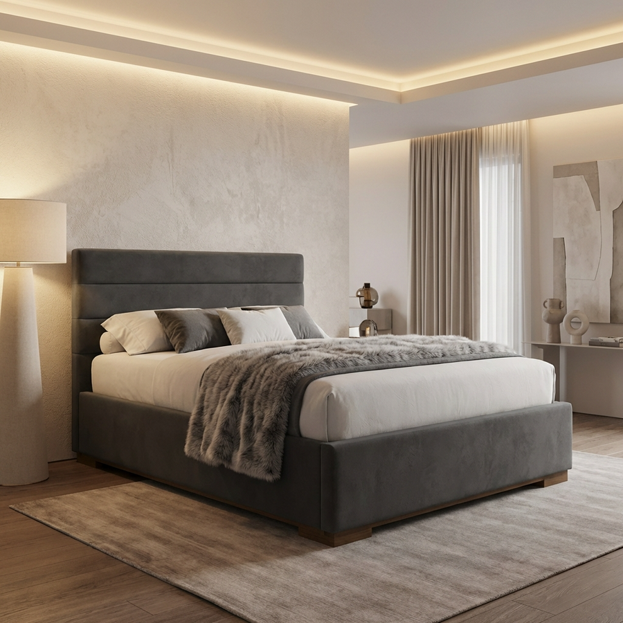 Mayfair king size ottoman bed in dark grey fabric in a bedroom