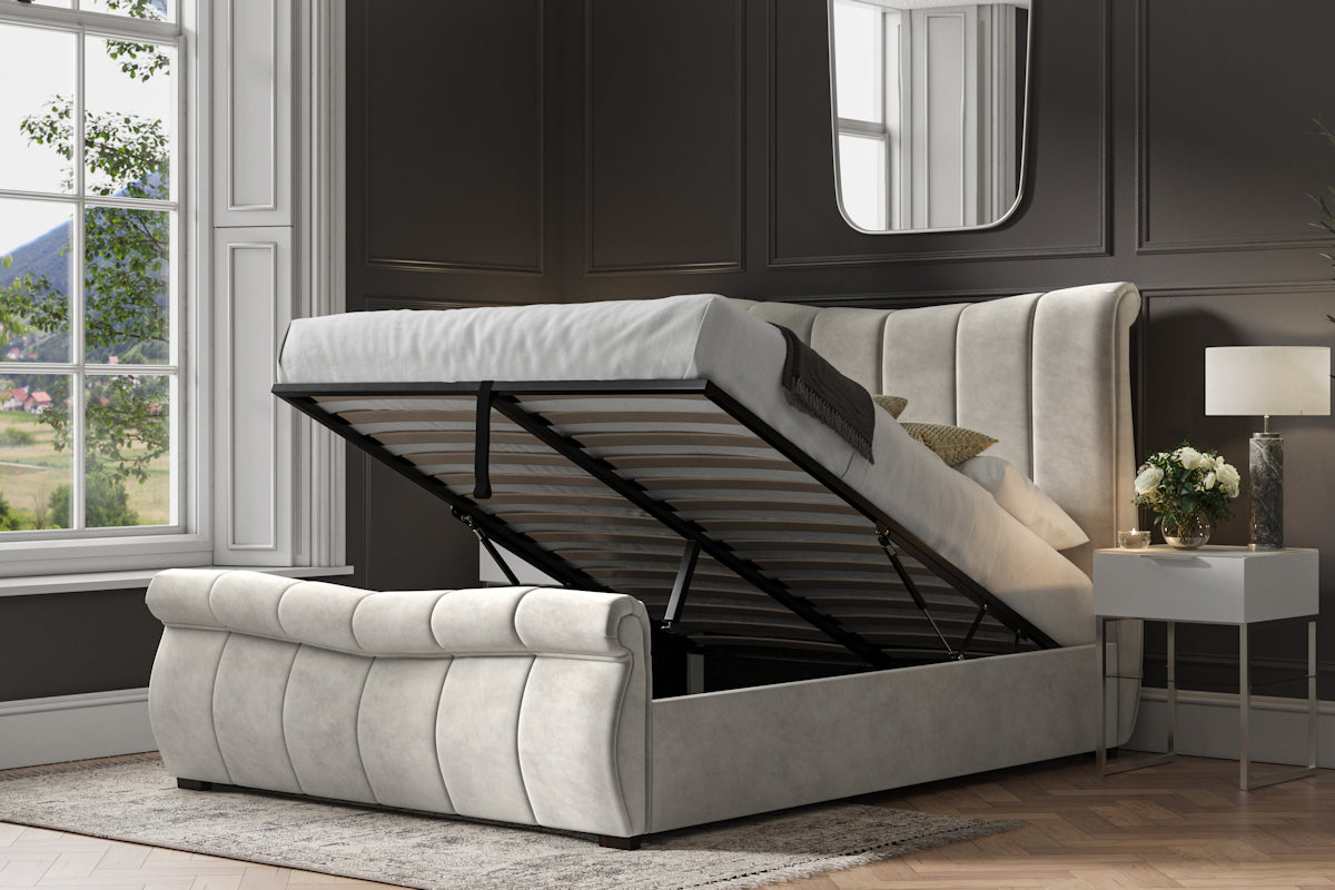 Southgate velvet ottoman bed in light grey velvet, with the gas lift storage open