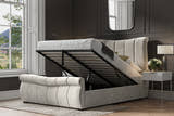 Southgate velvet ottoman bed in light grey velvet, with the gas lift storage open