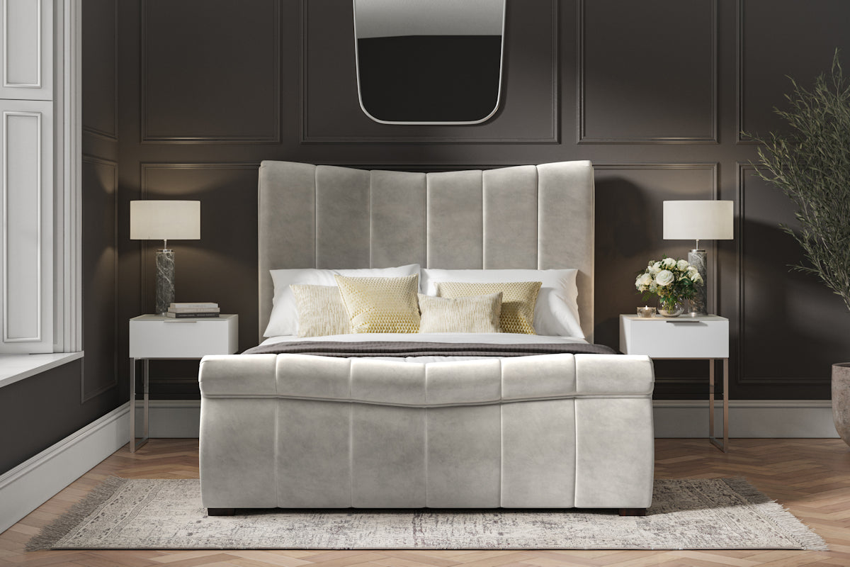 Southgate velvet ottoman bed in light grey velvet, from the foot end