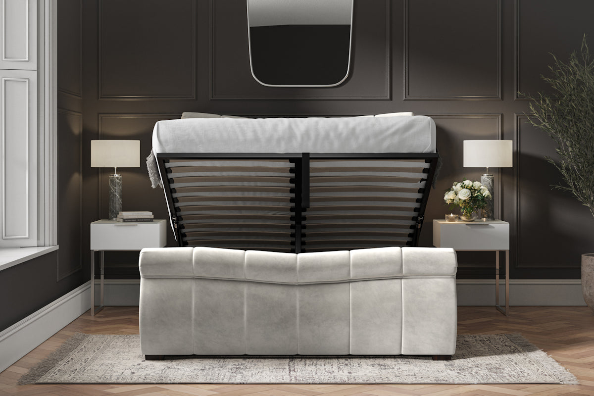 Southgate velvet ottoman bed in light grey velvet, from the foot end, storage open
