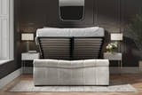 Southgate velvet ottoman bed in light grey velvet, from the foot end, storage open