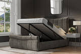 Southgate velvet ottoman bed in mid grey velvet, with the gas lift storage open