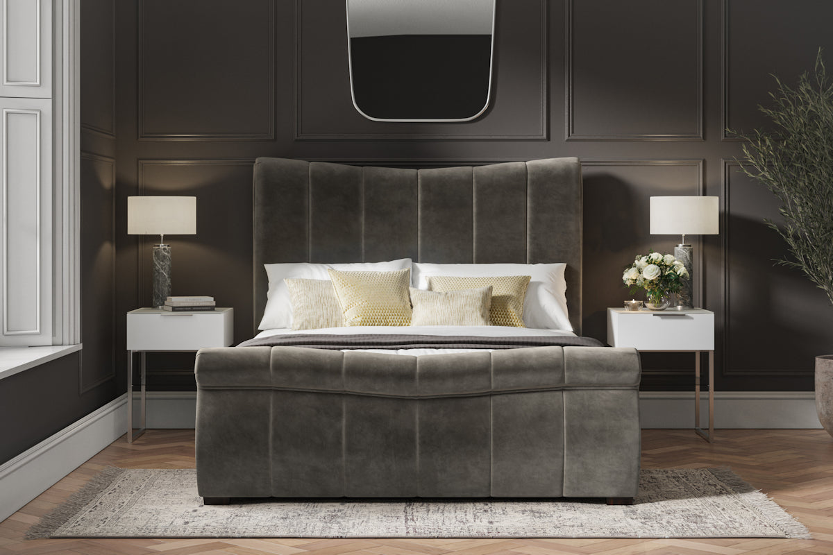 Southgate velvet ottoman bed in mid grey velvet, from the foot end