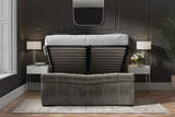 Southgate velvet ottoman bed in mid grey velvet, from the foot end, storage open