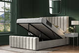 Stanmore velvet ottoman bed in light grey velvet, with the gas lift storage open