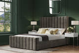 Stanmore velvet ottoman bed in mid grey velvet, closed, in a bedroom