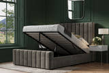 Stanmore velvet ottoman bed in mid grey velvet, with the gas lift storage open