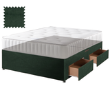 Velvet divan bed base in green, 4 drawers, no headboard (mattress shown for illustration, not included)