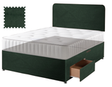 Velvet divan bed base in green, 2 drawers, curved headboard (mattress shown for illustration, not included)