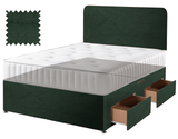 Velvet divan bed base in green, 4 drawers, curved headboard (mattress shown for illustration, not included)
