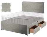 Velvet divan bed base in silver, 4 drawers, curved headboard (mattress shown for illustration, not included)