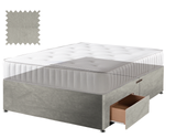 Velvet divan bed base in silver, 2 drawers, no headboard (mattress shown for illustration, not included)