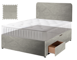 Velvet divan bed base in silver, 2 drawers, curved headboard (mattress shown for illustration, not included)