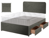 Velvet divan bed base in slate, 4 drawers, curved headboard (mattress shown for illustration, not included)