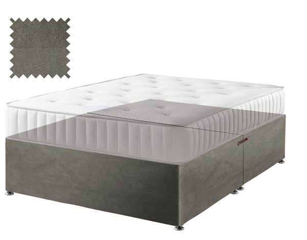 Suede divan bed base in grey, no drawers and no headboard (mattress shown for illustration, not included)