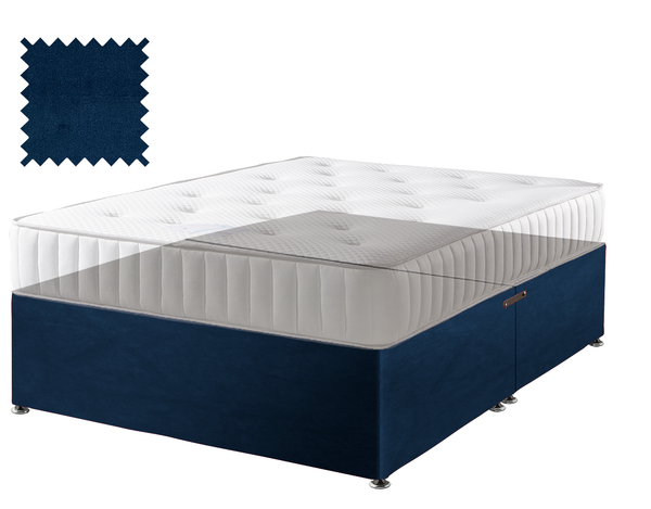 Velvet divan bed base in blue, no drawers and no headboard (mattress shown for illustration, not included)