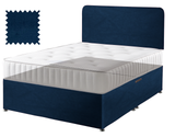 Velvet divan bed base in blue, No drawers, curved headboard (mattress shown for illustration, not included)