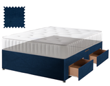 Velvet divan bed base in blue, 4 drawers, no headboard (mattress shown for illustration, not included)