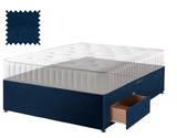 Velvet divan bed base in blue, 2 drawers, no headboard (mattress shown for illustration, not included)