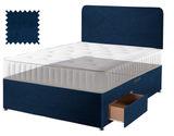 Velvet divan bed base in blue, 2 drawers, curved headboard (mattress shown for illustration, not included)